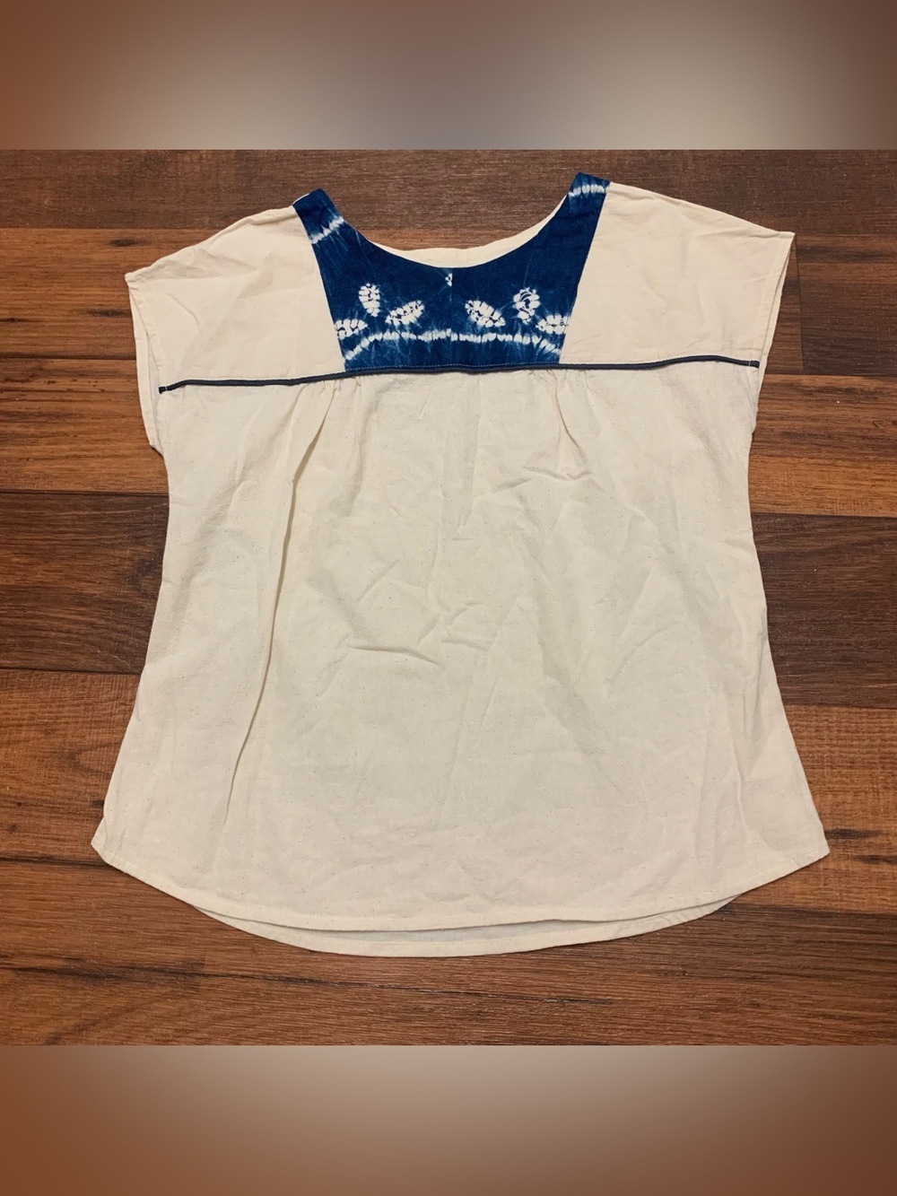Penelope Women's Size S Ivory Blue Tie Dye Peasant Boho Blouse Short Sleeve